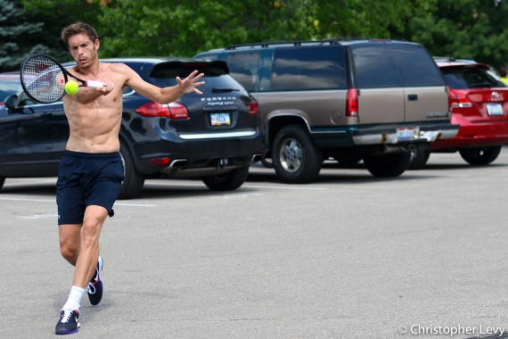 Nicolas Mahut practicing tennis in a parking lot in Cincinnati